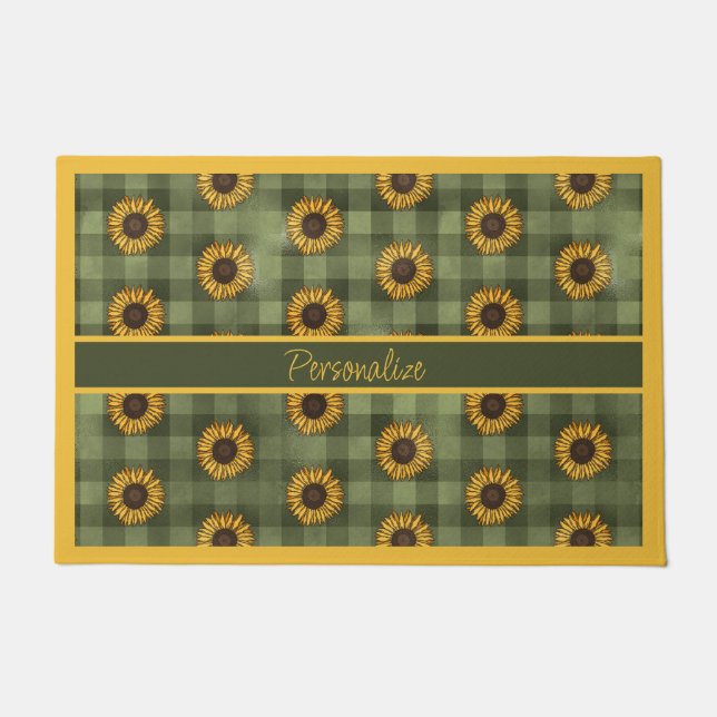 Felpudo Buffalo verde girasol Plaid Gingham Personalizado (Anverso)