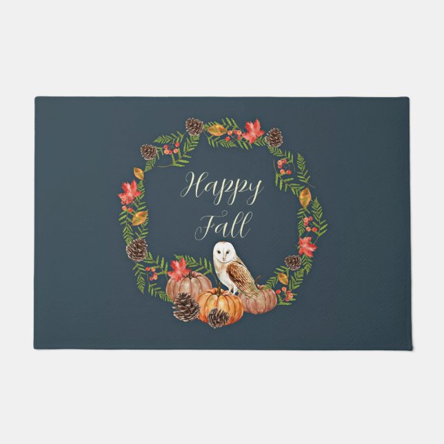 Felpudo Búho de otoño y calabazas con texto personalizable (Anverso)