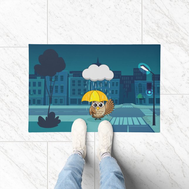 Felpudo Búho lindo con paraguas en el día de lluvias (Interior)