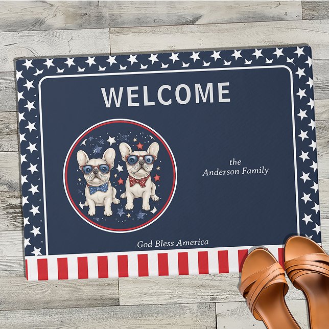 Felpudo Bulldog francés caprichoso Patriótico Rojo Azul Bl (Whimsical French Bulldog Patriotic Red White Blue Custom Doormat for Independance Day 4th of July
)