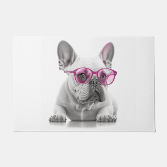 Felpudo Bulldog francés con gafas rosadas Puerta Mat (Anverso)