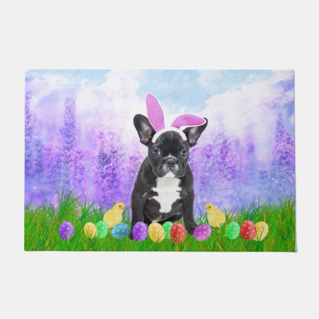 Felpudo Bulldog francés con huevos de Pascua y pollitos co (Anverso)