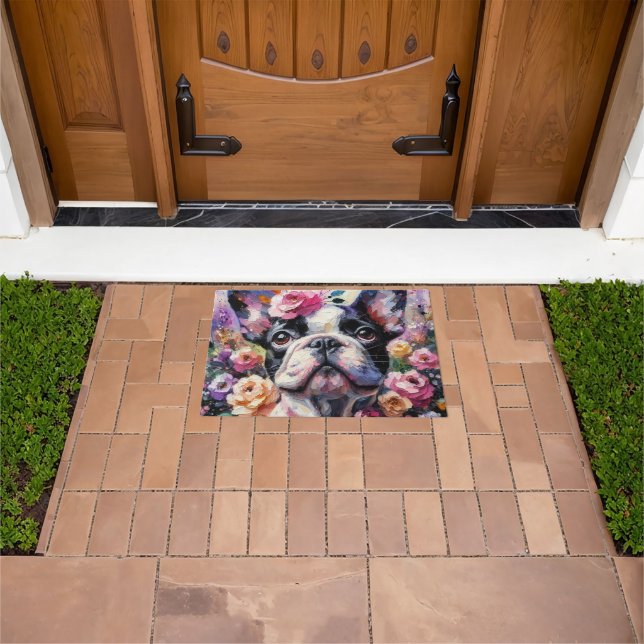 Felpudo Bulldog francés con Rosas Pintura impresionista (Exterior)