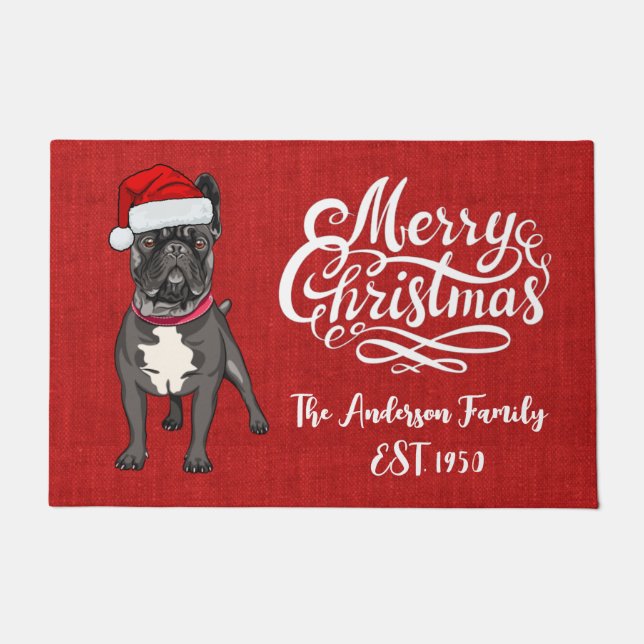 Felpudo Bulldog gracioso elegante guión navidades rojos (Anverso)