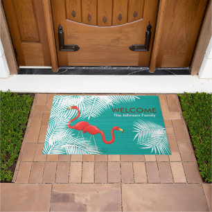 Felpudo Burlap verde azulado con flamencos rosados