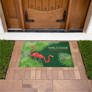 Felpudo Burlap verde con flamencos rosados