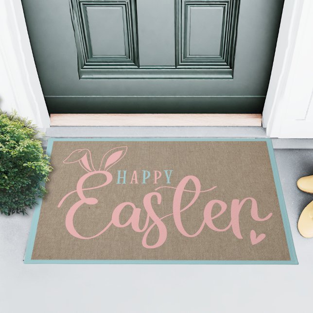 Felpudo Burlap Y Pastels Feliz Pascua Con Arejas Confitada (Burlap And Pastels Happy Easter With Bunny Ears Doormat)
