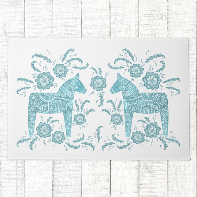 Felpudo Caballo de dala sueco Verde azulado Doormat verde  (Swedish Dala Horse folk art teal and white doormat)