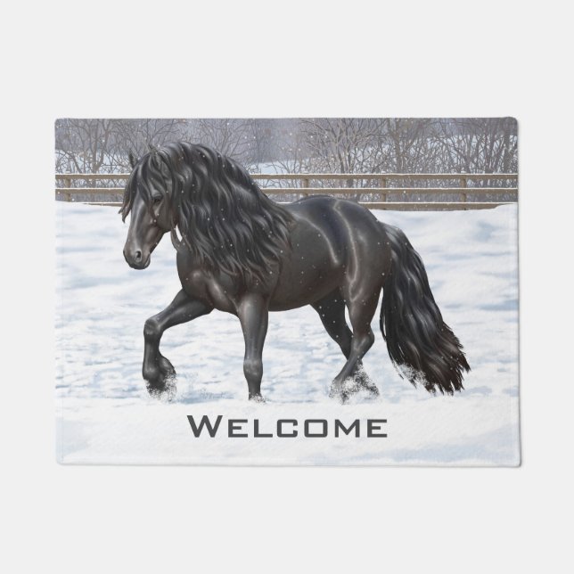 Felpudo Caballo Friesiano Negro Borrador En Nieve (Anverso)