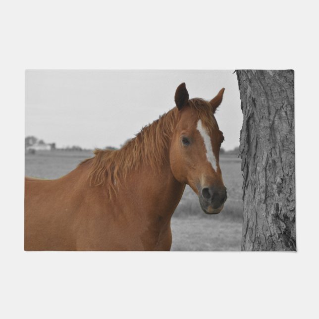 Felpudo Caballo marrón con fondo negro y blanco (Anverso)