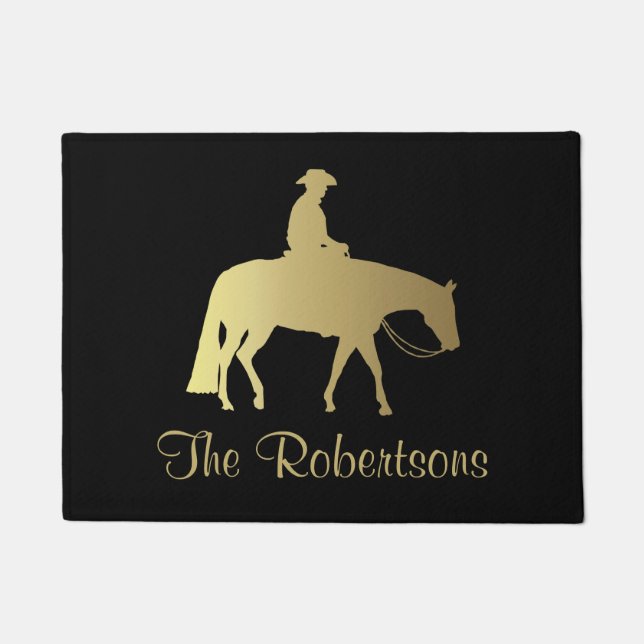Felpudo Caballo occidental de oro del placer en negro (Anverso)