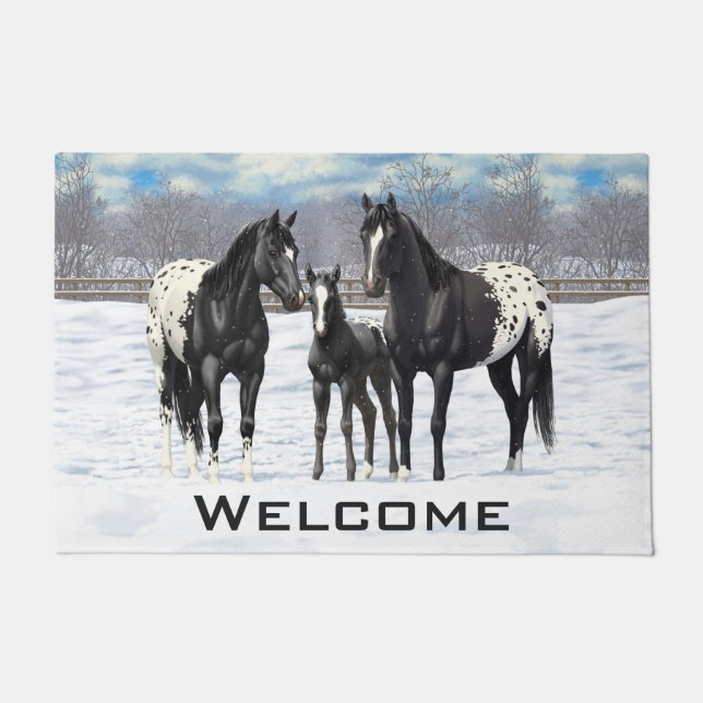 Felpudo Caballos Appaloosa Negros En Nieve (Anverso)