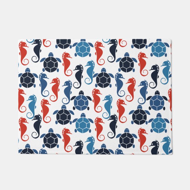Felpudo Caballos de mar de tortugas marinas tropicales azu (Anverso)