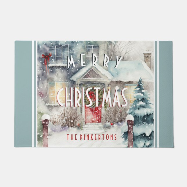 Felpudo Cabaña nevada personalizada de Feliz Navidad (Anverso)