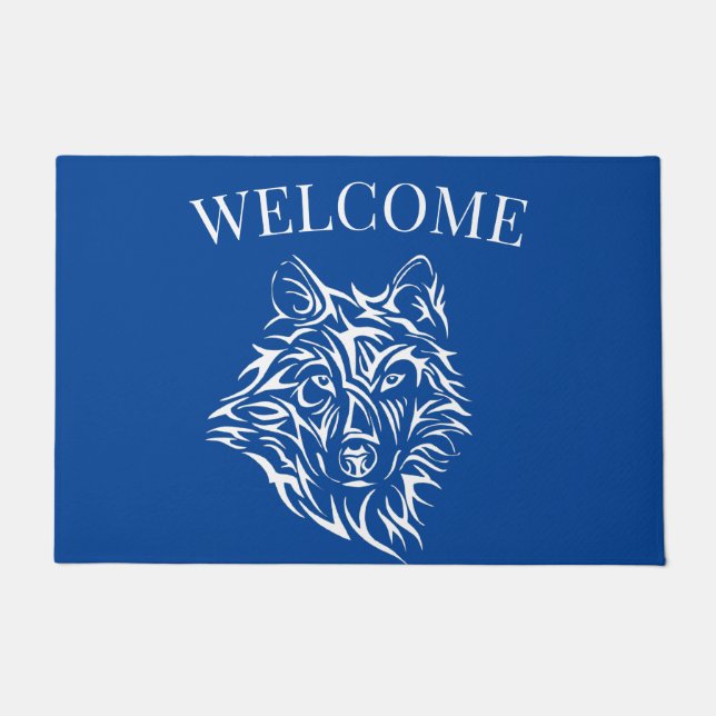 Felpudo Cabeza de lobo blanco sobre azul (Anverso)