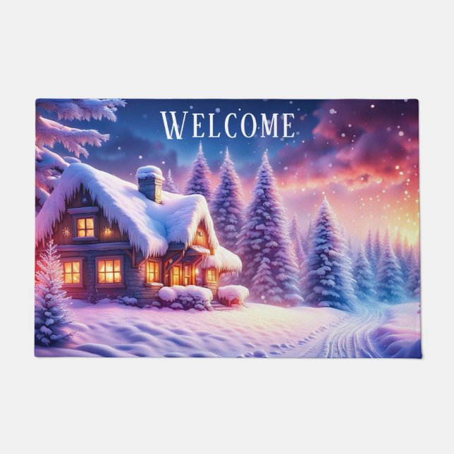 Felpudo Cabina Acogedora En Winter Wonderland Welcome Mat (Anverso)