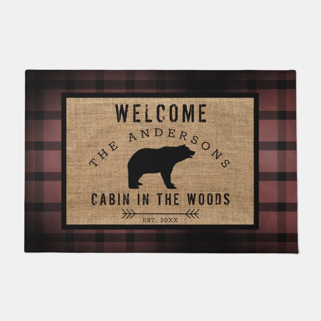 Felpudo Cabina de bienvenida rustica para oso vestido en l (Anverso)