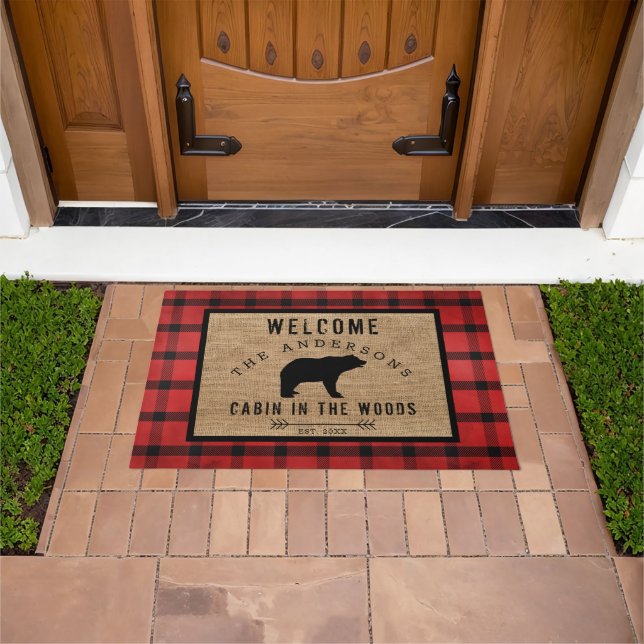 Felpudo Cabina de bienvenida rustica para oso vestido en l (Exterior)