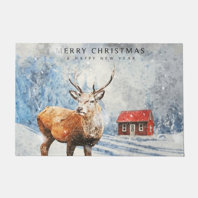 Felpudo Cabina de Woodland de Invierno Rojo con Feliz Navi (Anverso)