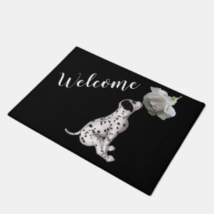 Felpudo Cachorro Dalmático Y Doormat De Rosa Blanca