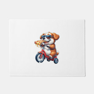 Felpudo cachorro montando una bicicleta comiendo pizza
