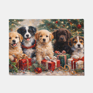 Felpudo Cachorros de Navidad con regalos bajo el árbol dec