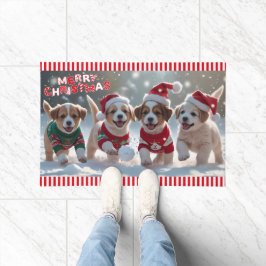 Felpudo Cachorros divertidos juegan en Navidades de nieve