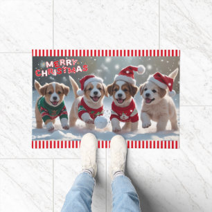 Felpudo Cachorros divertidos juegan en Navidades de nieve