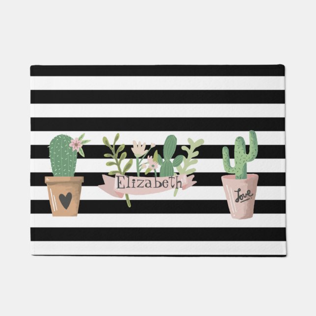 Felpudo Cactus Flor Black White Stripes (Anverso)