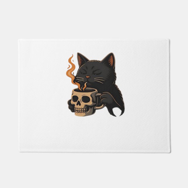 Felpudo Café Gato Oscuro Con Mug De Calavera Sobredimensio (Anverso)