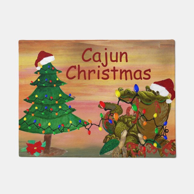 Felpudo Cajun bayou home Navidades Holiday Alligator (Anverso)