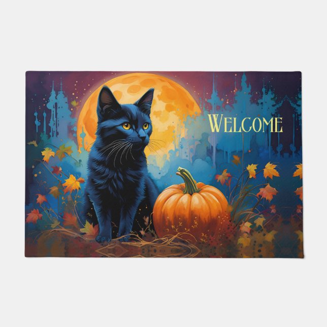 Felpudo Calabaza de gatito negro de hojas de otoño llenas  (Anverso)