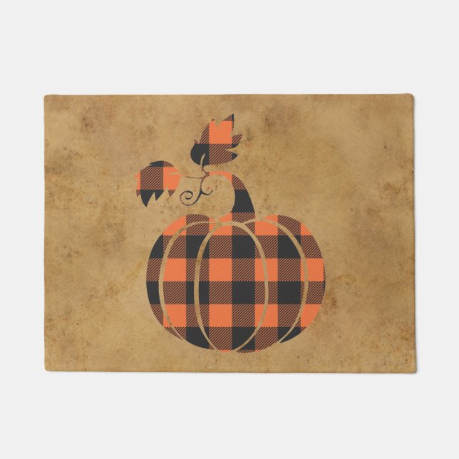 Felpudo Calabaza De Otoño Naranja Y Negro Tapado En Otoño (Anverso)