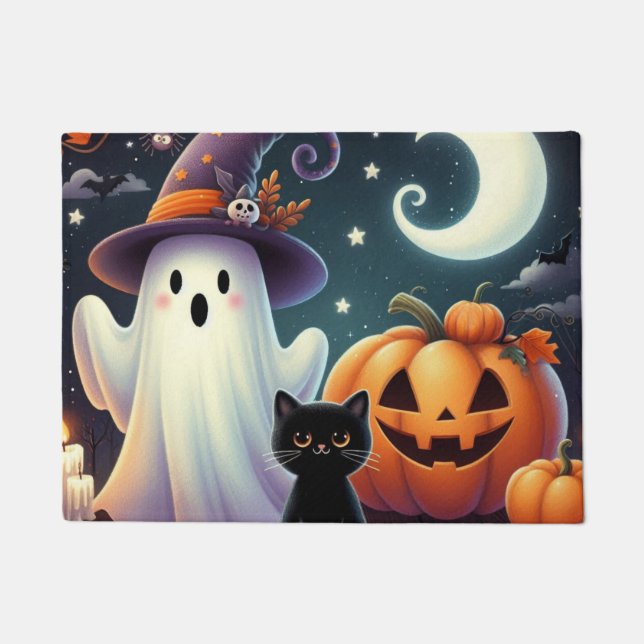 Felpudo Calabaza, gato y fantasma de Halloween. (Anverso)