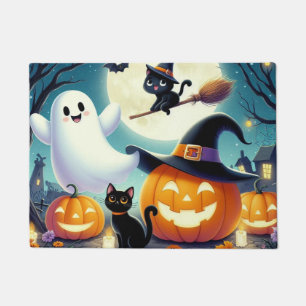 Felpudo Calabaza, gato y fantasma de Halloween.