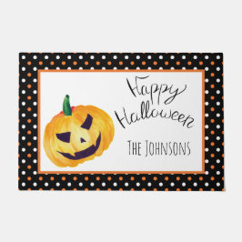 Felpudo Calabaza puntos negros naranja Nombre Feliz Hallow