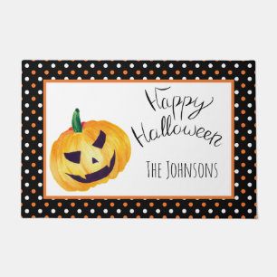 Felpudo Calabaza puntos negros naranja Nombre Feliz Hallow