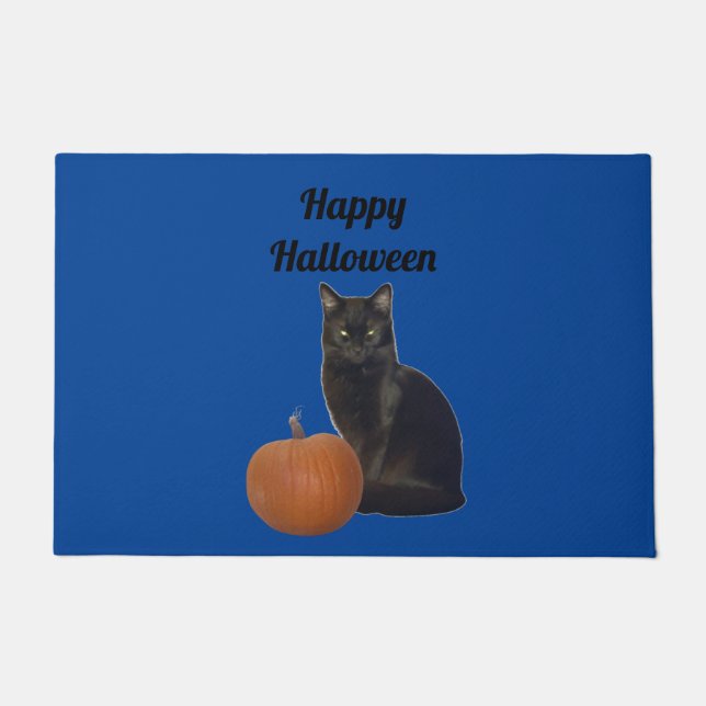 Felpudo Calabaza y gato negro Feliz Halloween Azul (Anverso)