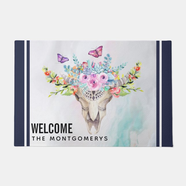 Felpudo Calavera animal Boho con mariposas y flores (Anverso)