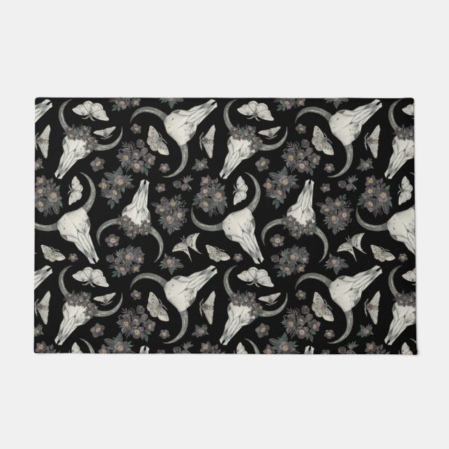 Felpudo Calavera animal gótica con patrón de flores (Anverso)