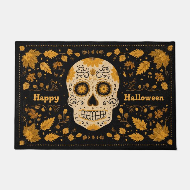 Felpudo Calavera audaz de naranja feliz Halloween (Anverso)