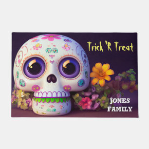 Felpudo Calavera De Halloween Y Flores Doormat