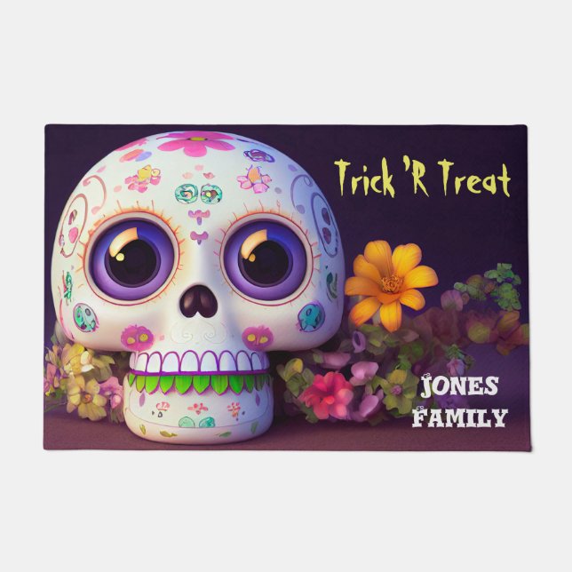 Felpudo Calavera De Halloween Y Flores Doormat (Anverso)