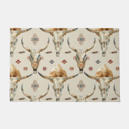 Felpudo Calaveras de plumas nativas tribales de crema marr