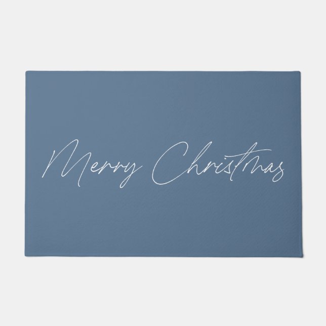 Felpudo Caligrafía minimalista azul moderna Feliz Navidad (Anverso)