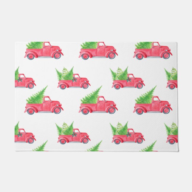Felpudo Camión rojo vintage con árbol de Navidad (Anverso)