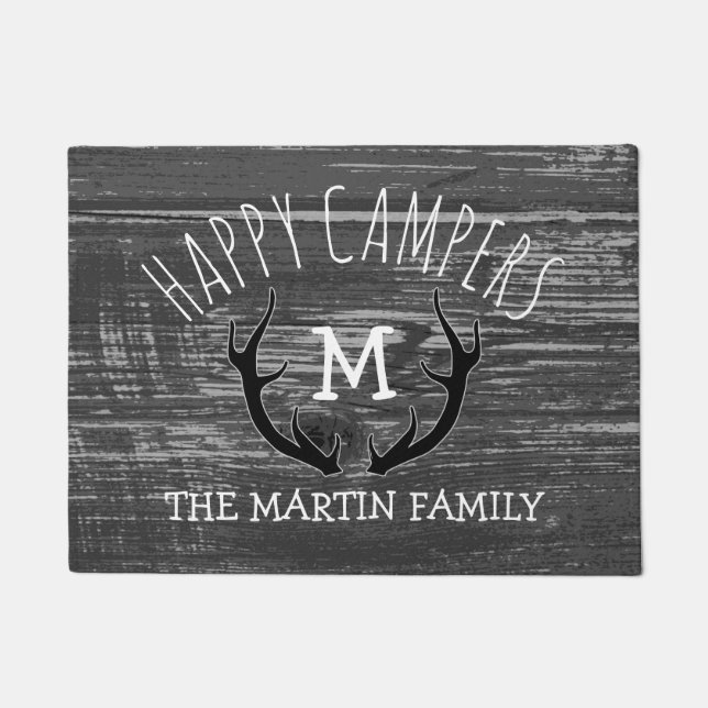 Felpudo Campistas contentos de madera grises del apellido (Anverso)