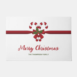 Felpudo Caramelos Navideños Rojos y Blancos con Lazo y Tex