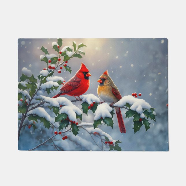 Felpudo Cardenales rojos y Holly en la nieve (Anverso)