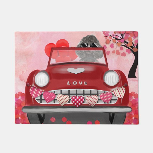 Felpudo Carro de perro caniche con corazón de San Valentín (Anverso)